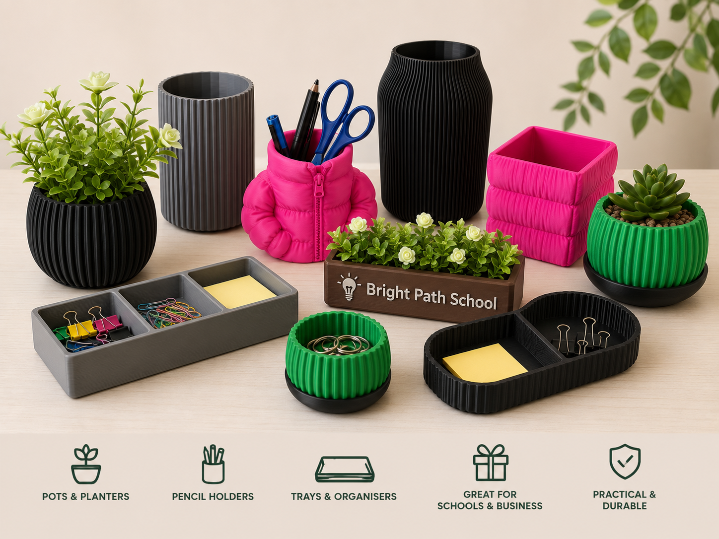 Custom 3D printed pots, pencil holders, trays and desk organisers for a school or business workspace