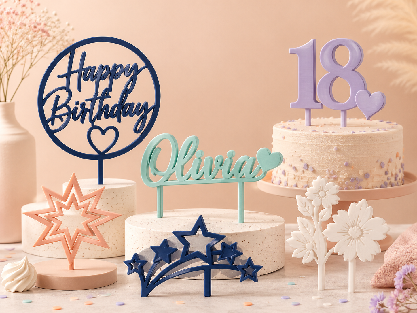 Custom 3D printed birthday decorations including name signs, cupcake toppers, favour tags and party pieces