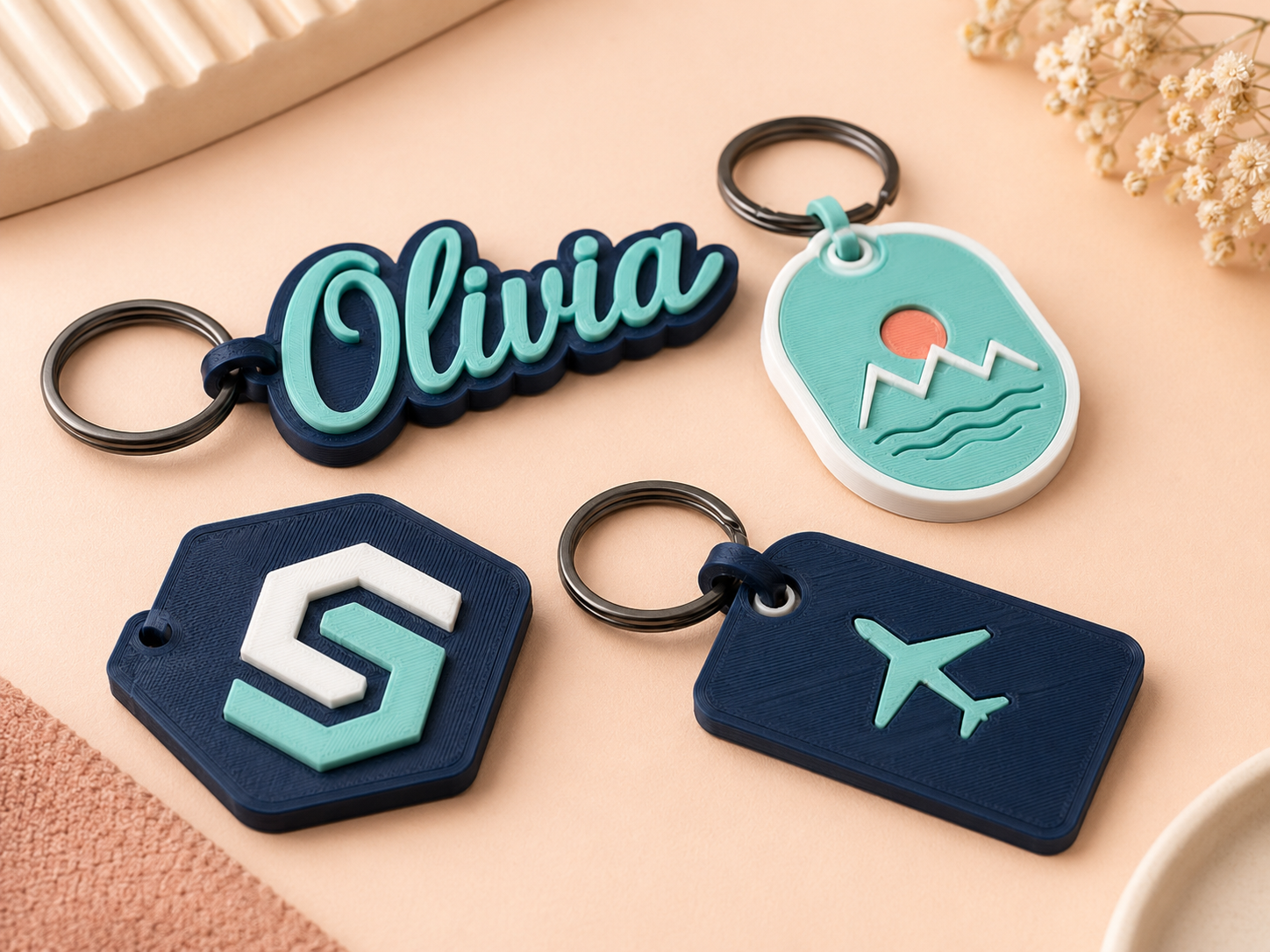 Custom 3D printed name keychains, bag tags and logo tags in navy and aqua colours