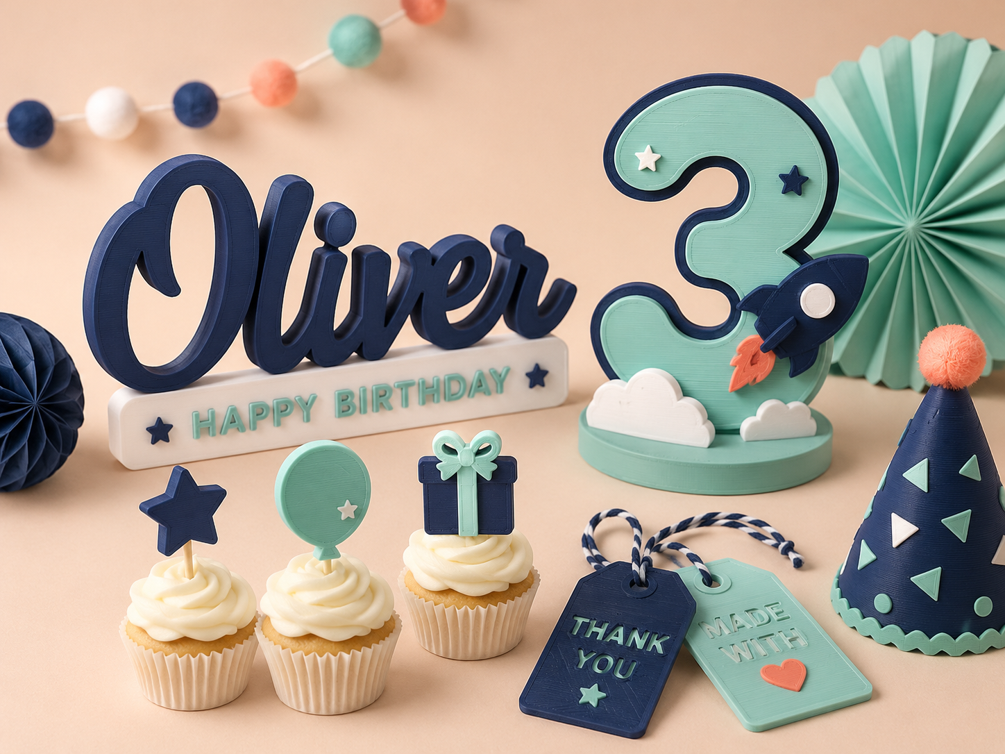 Personalised 3D printed cake toppers with names, ages, hearts, stars and floral designs