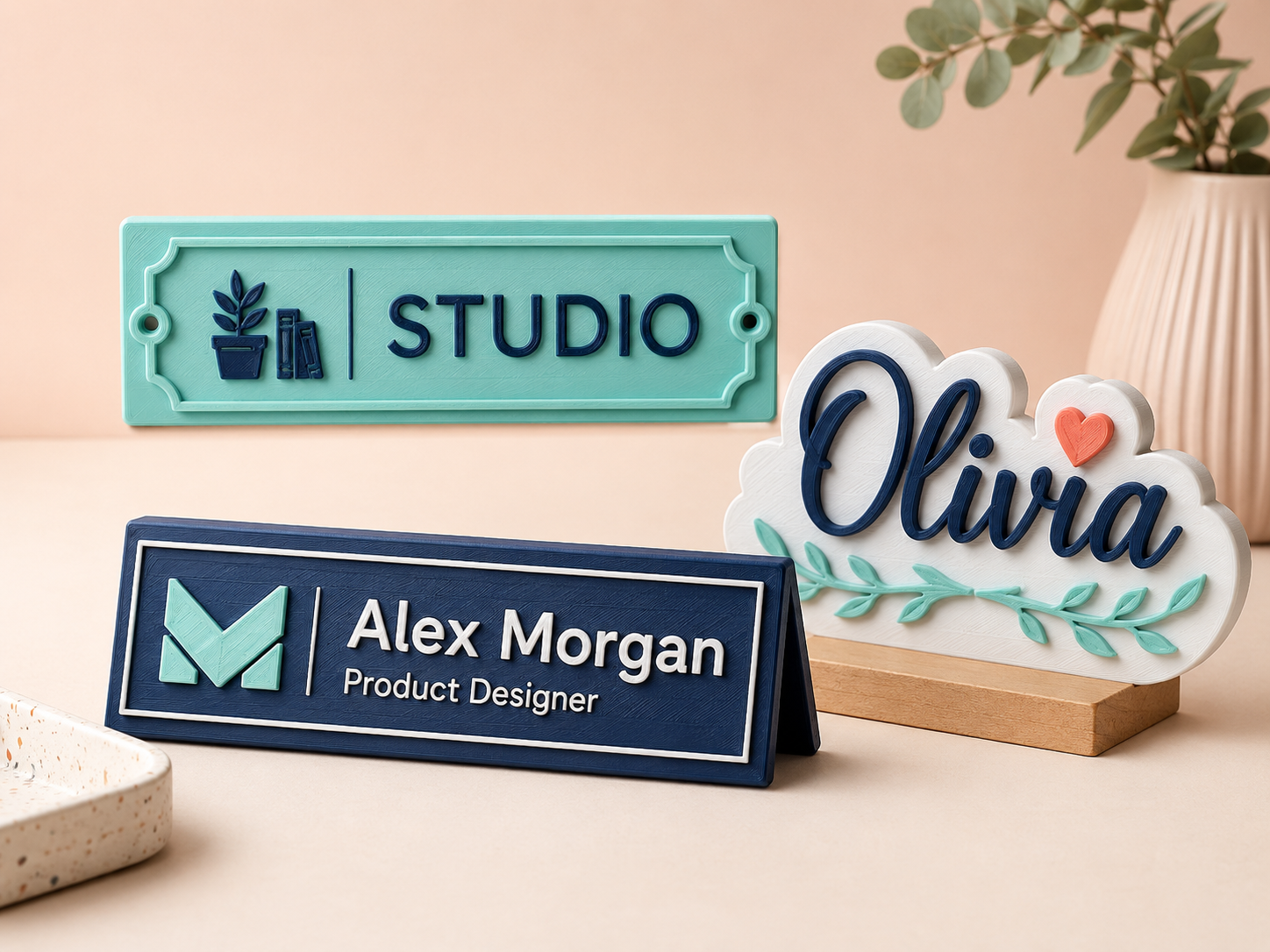Personalised 3D printed name plates, desk signs, room labels and display names